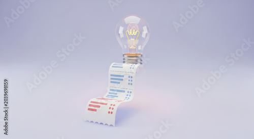 Lightbulb connected to a long receipt, symbolizing energy costs, electricity bills, and financial planning for power consumption