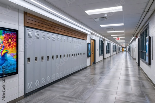 Empty school hallway with lockers and modern architecture