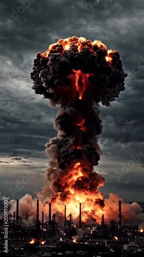 Massive Explosion Background Conceptualizing Geopolitical Instability - A colossal mushroom cloud erupts from an industrial complex, casting an ominous glow against a dark, stormy sky.