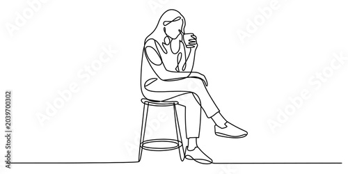 Konstfotografi Woman sitting on a stool drinking from a cup line drawing