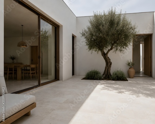Modern minimalist home interior with olive tree in courtyard