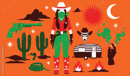 Foto Western cowgirl and desert elements illustration, vintage American Southwest sty