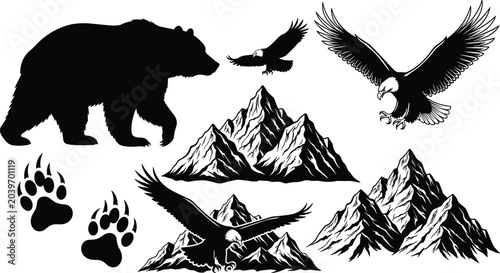 Fotografia Wilderness animal silhouettes, mountain peak graphics, bald eagle flying icons, grizzly bear outline, paw print symbols, outdoor adventure nature illustrations, vector