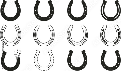 Black and White Horseshoe Vector Icon Set with Silhouette, Outline, Dashed and Bird Style Variations for Lucky Symbol Design