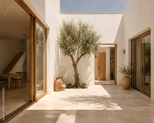 Modern Mediterranean villa courtyard with olive tree and stone patio