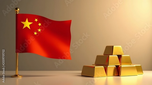 Chinese Flag Next to Pile of Gold Bars Symbolizing Wealth and Economic Power