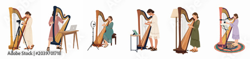 Fotografía Collection of flat illustrations depicting women playing harps in diverse settin