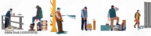 Photos A diverse collection of maritime workers, sailors, and dockworkers performing various tasks and operations at a busy commercial shipping port or harbor