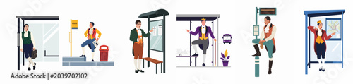 Flat vector illustration set of men in 18th-century aristocratic costumes waiting at modern bus stops, blending historical fashion with contemporary public transport.