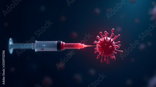 Syringe Injecting Vaccine into Virus Molecule Representing Healthcare Responses to Pandemic