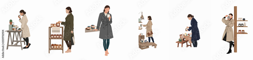 Fototapeta premium Collection of minimalist flat illustrations featuring women in trench coats shopping for scented candles and home decor in various boutique settings.