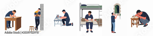 Obraz na plátne Set of male inmate characters writing letters and communicating from prison, expressing emotions of loneliness and hope in a correctional facility setting