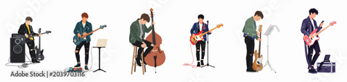 Tableau sur toile Set of flat vector illustrations featuring young male musicians playing electric bass and double bass guitars in various poses on a white background