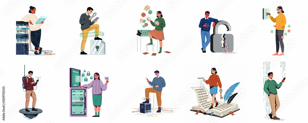 Fototapeta premium Flat vector illustrations of people working in cybersecurity, data science, cryptography, and network technology, highlighting digital security, programming, and innovation concepts.