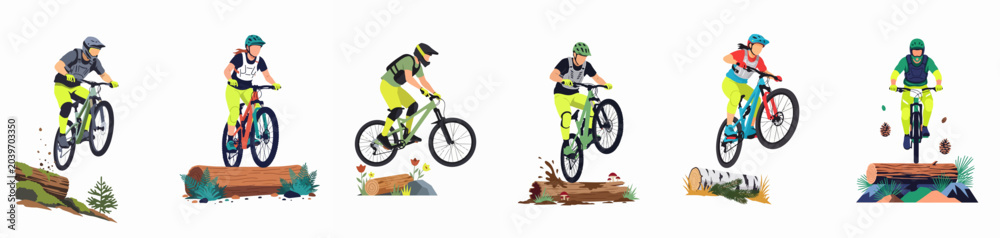 Obraz premium Set of Vector Illustrations Featuring Mountain Bikers Performing Stunts and Jumping Over Logs in a Forest Setting on White Background.