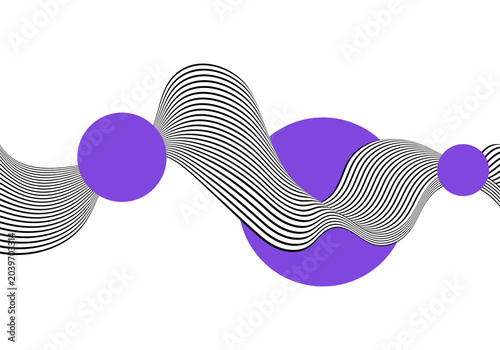 Futuristic illustration with purple round object and monochrome landscape of wavy parallel lines. Eps 10