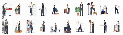 Foto Vector illustration set of customs officers and border control agents inspecting cargo, boxes, and containers in a logistics warehouse or shipping port