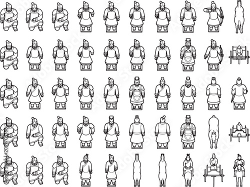 A grid of minimalist, black and white illustrations depicting Terracotta Army figures and ancient Chinese architecture, presented in a consistent pixel art style.