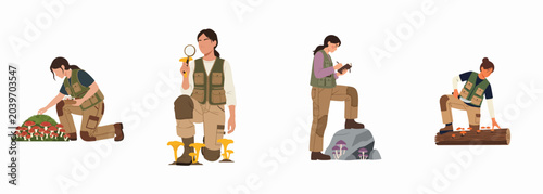 Tableau sur toile Set of illustrations showing women mycologists and foragers studying, picking, and documenting various wild mushrooms in nature, wearing professional outdoor gear
