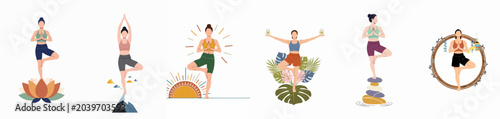 Photography Flat vector illustrations of diverse women practicing yoga tree pose in various symbolic settings including lotus, mountains, sun, tropical leaves, and zen stones