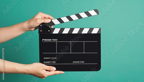 Hands holding open black and white clapboard with teal background