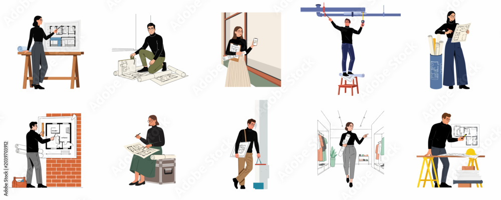 Obraz premium Professional architects and interior designers set working on floor plans and blueprints for construction and renovation projects in flat illustration style.