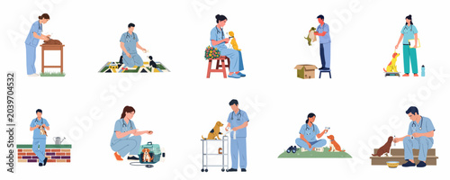 Photos Flat vector set of professional male and female veterinarians in scrubs caring for, treating, and examining puppies and dogs in various settings