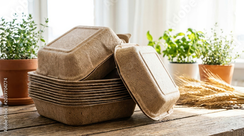 Sustainable packaging design sustainable packaging design with kraft container and plant based lid on rustic table