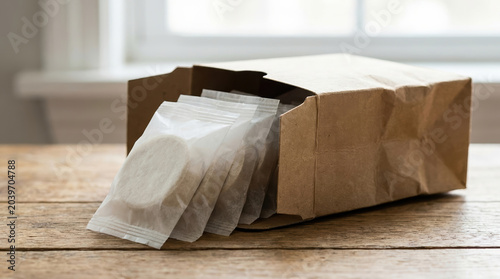Sustainable packaging design sustainable packaging design with paper box and pouch on wooden table for eco friendly storage