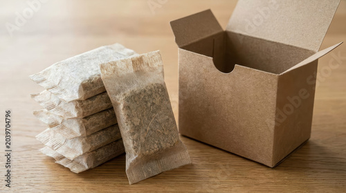 Sustainable packaging design sustainable packaging design with paper box and wrapped tea bag on wooden table