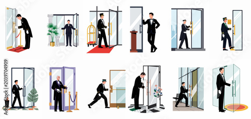 Slika na platnu Set of flat vector illustrations depicting professional doormen and concierges in elegant uniforms greeting guests at upscale hotel or building entrances