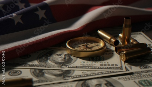american flag, money, bullets