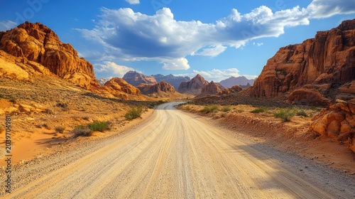 Panoramic view of a long, straight road cutting through a vast arid desert landscape