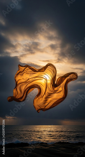 Orange fabric flows against a dramatic sky and sea, symbolizing freedom, movement, and the ethereal beauty of nature and light