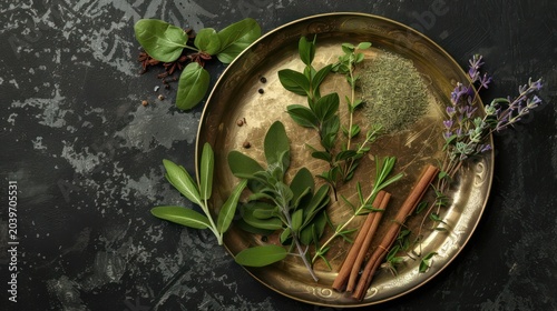 Advertising - product photo of decorative realistic of oregano leaves, thyme leaves, cinnamon bark, rosemary leaves, lavender on large reflective brass plate on black natural background
