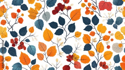 Autumn seamless pattern with different leaves and plants, seasonal colors