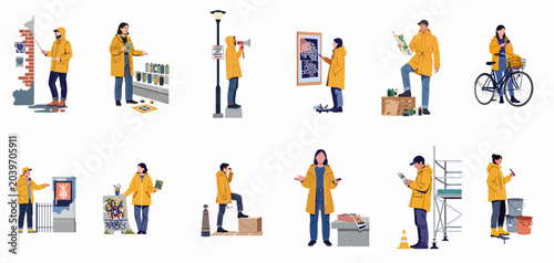 Canvastavla Set of flat vector illustrations showing people in yellow coats participating in street art tours, urban exploration, graffiti painting, and community art projects