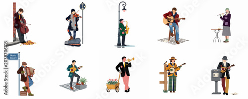 Photos Collection of diverse street musicians and buskers playing various musical instruments in urban and outdoor settings, illustrated in a flat minimalist style