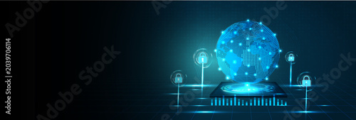 Global Network Security: A futuristic representation of a digital globe, intricately connected by glowing nodes and secured by digital padlocks, symbolizing global data protection and cybersecurity.