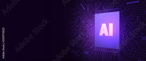 AI Chip with Circuits: A luminous AI chip is embedded within a complex network of purple circuits against a dark, futuristic background, symbolizing artificial intelligence and advanced technology.