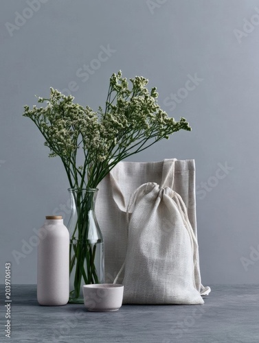 Collection of decorative items on a grey surface. on the left side of the image, there is a glass vase with a bunch of white flowers in it.