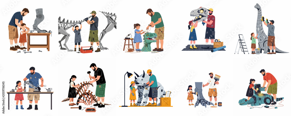 Fototapeta premium Father and daughter building and repairing various robotic dinosaurs and skeletons in a series of workshop scenes, promoting STEM education and family bonding.