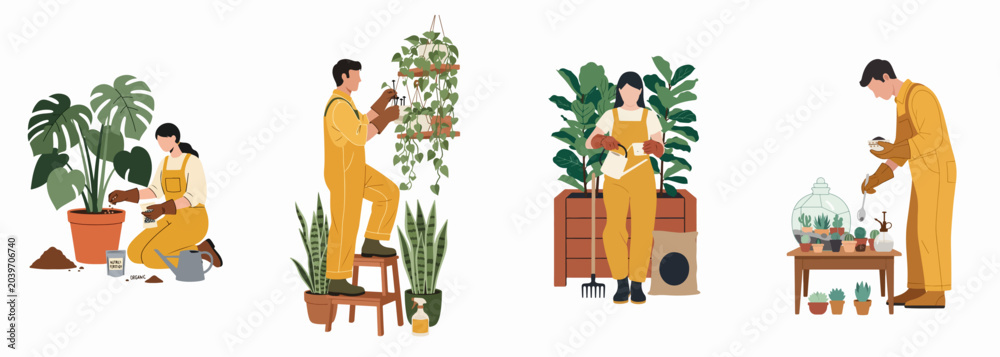 Fototapeta premium Vector illustration set of people caring for indoor plants, watering, fertilizing, and pruning houseplants for home gardening and hobby concepts.