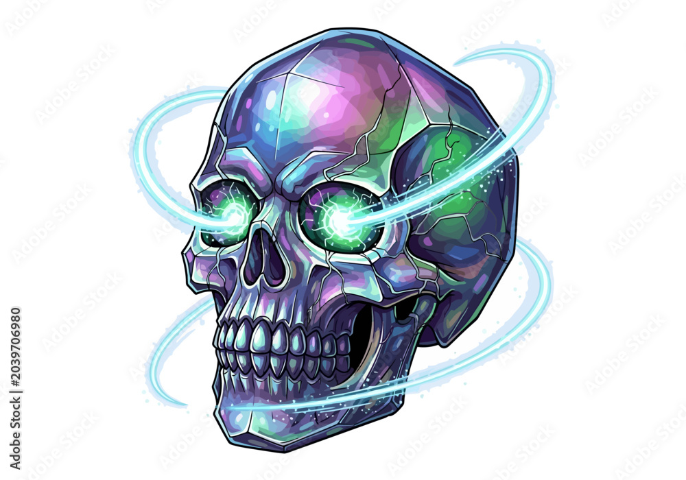 Obraz premium Iridescent metallic human skull with glowing green eyes and orbital energy rings.