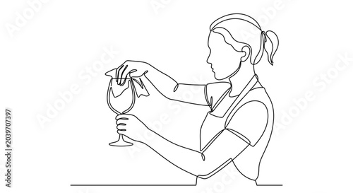 Woman cleaning wine glass with cloth in minimalist style  