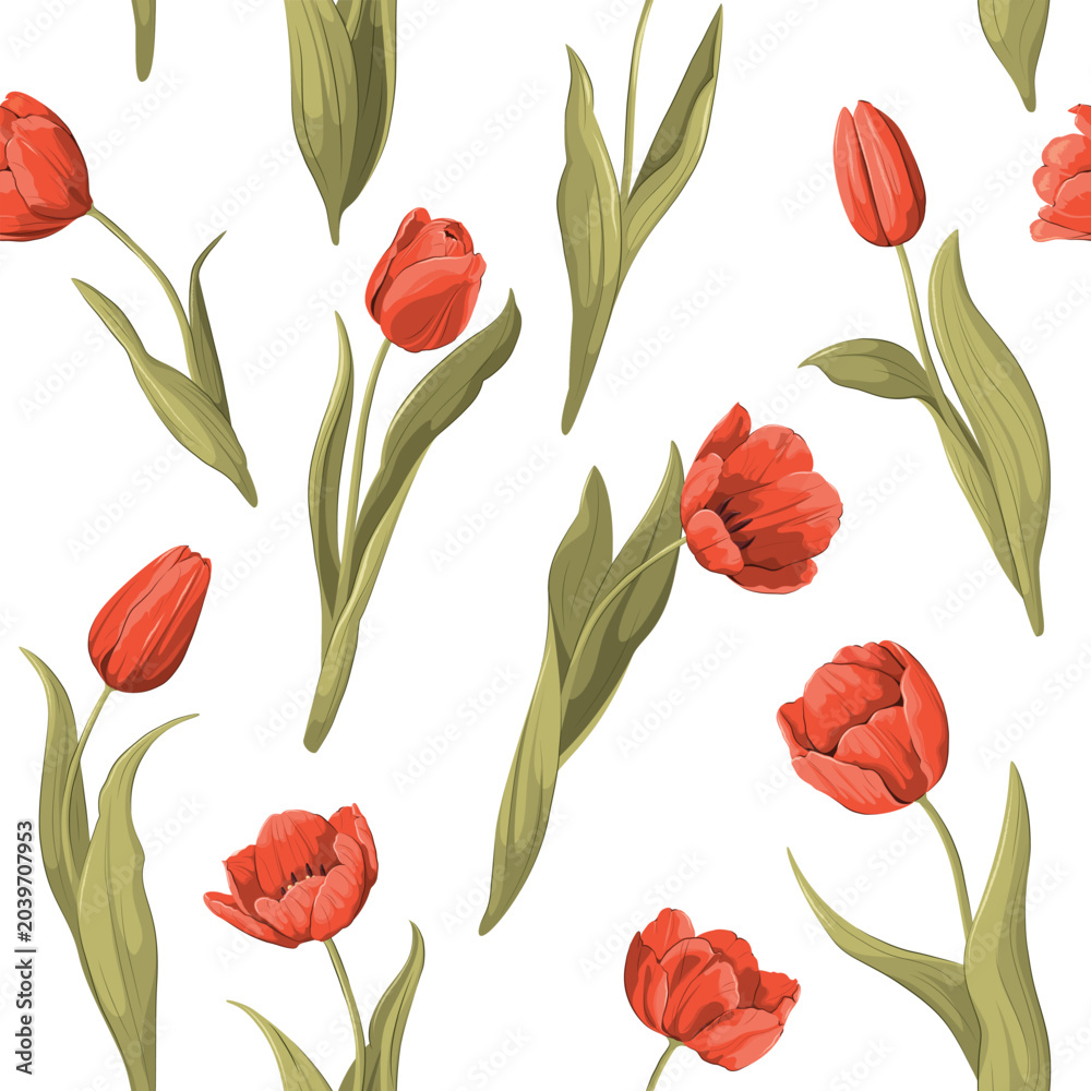 Obraz premium Seamless pattern with red tulips. Vector illustration. 