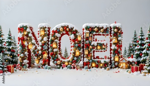 Adobe Stock image of Noel sign decorated with festive Christmas lights and ornaments in snowy landscape with evergreen trees