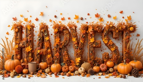 Harvest season celebration with pumpkins and leaves on adobe stock