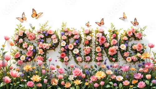 Vibrant flowers and butterflies form SUMMER on adobe stock image