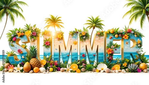 Vibrant Summer beach scene with palm trees adobe stock featuring tropical fruits and colorful flowers on the shore